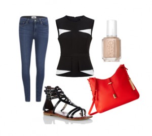 Красная сумка, обувь, брюки Красная сумка, обувь, брюки